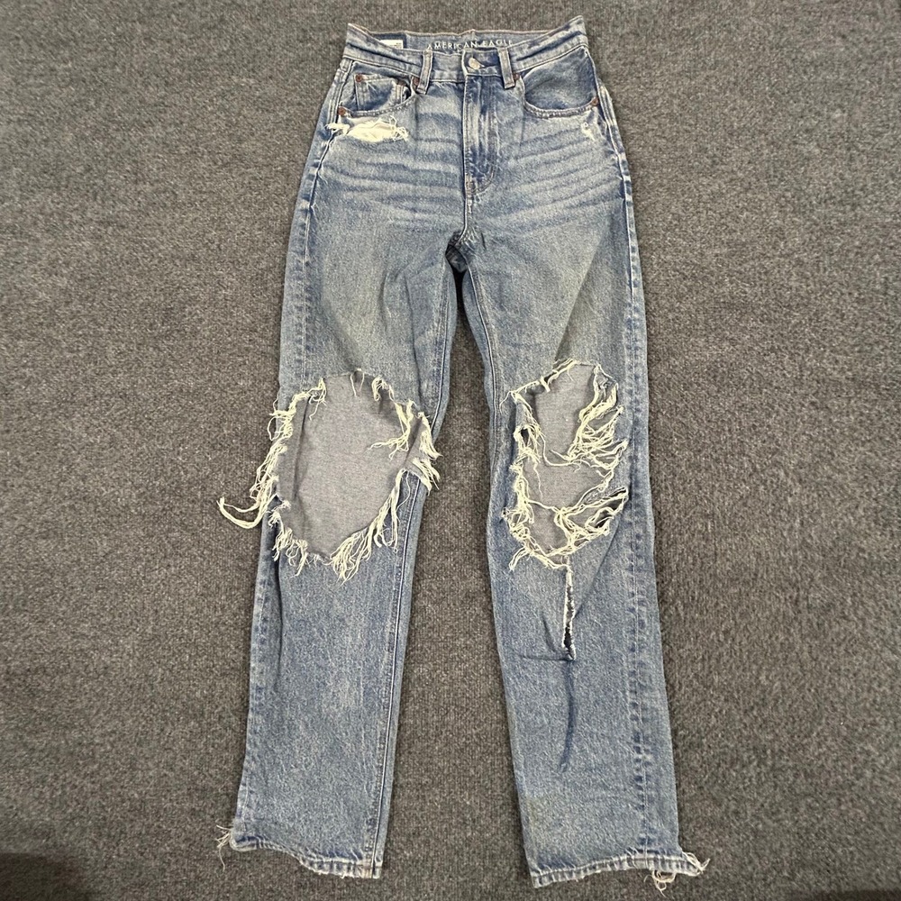 American Eagle Jeans Womens Size 00 Blue Distressed High Waist Straight Denim